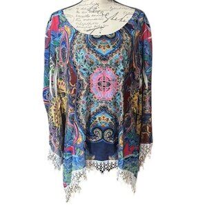 Mushka by Sienna Rose Blue Boho Printed Crochet Fringe Tunic Plus Size 2X
